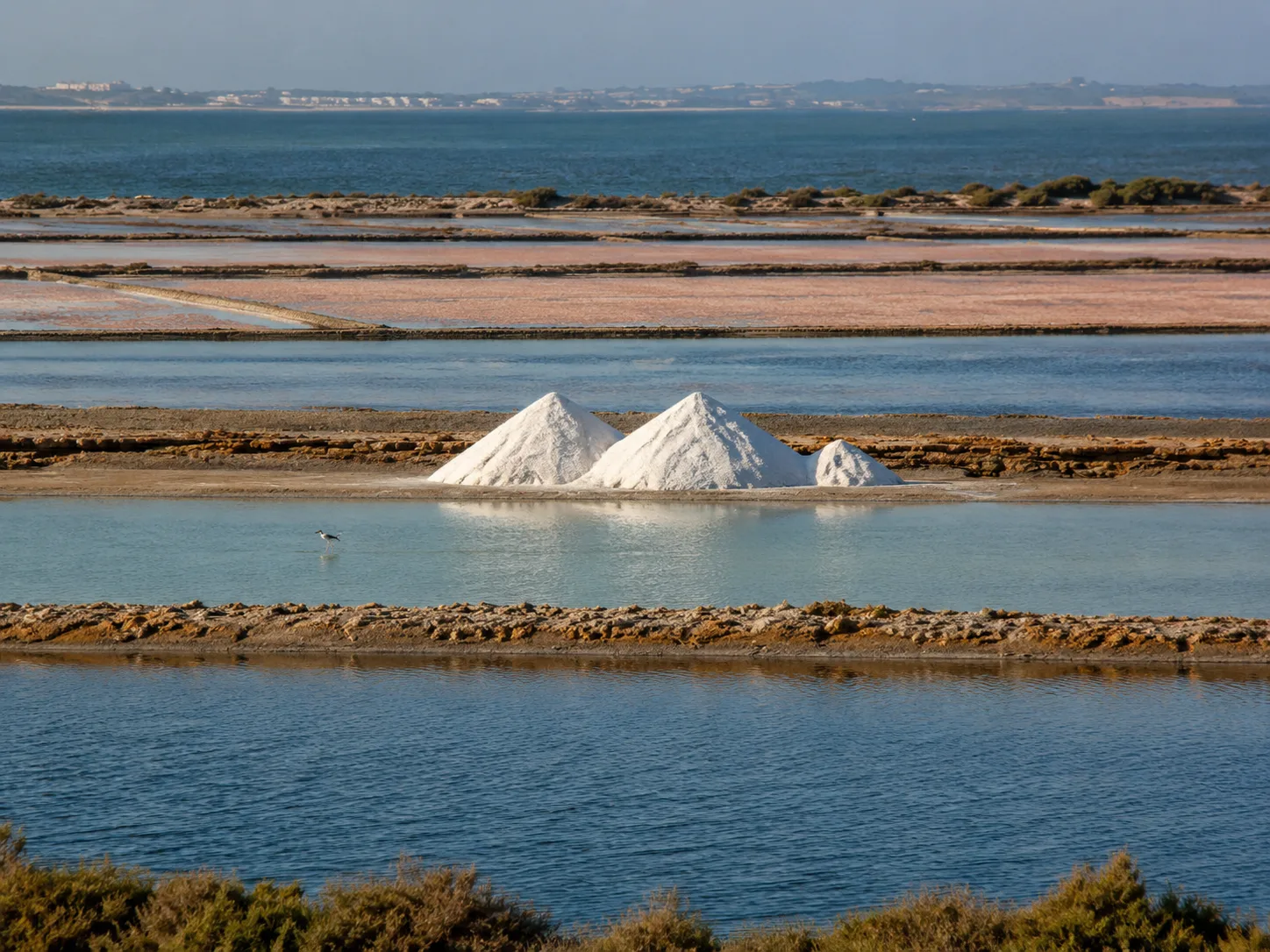 Salinas de la bahía de Cádiz con montones de sal blanca