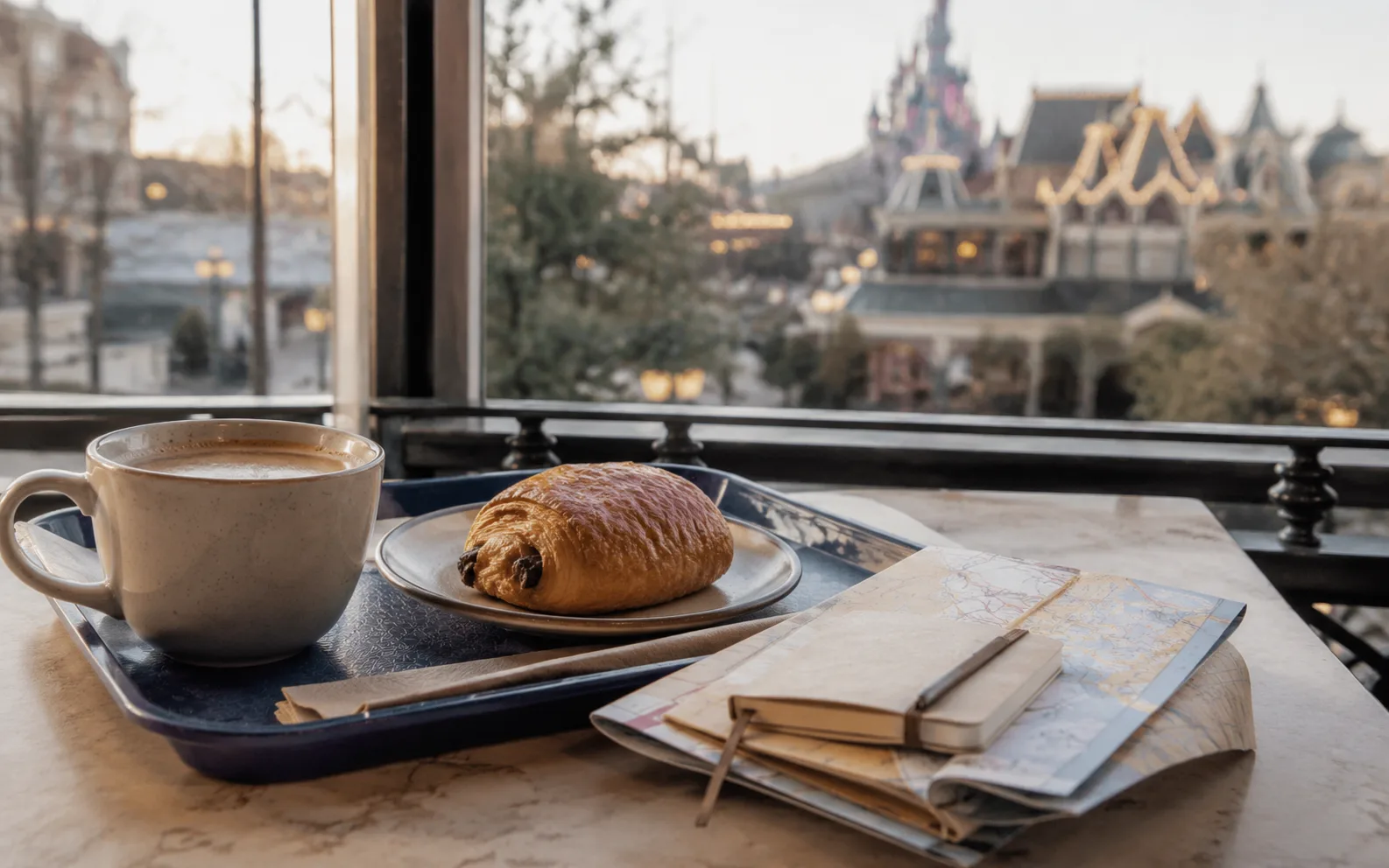 Desayuno servido en una mesa durante un viaje a Disneyland Paris