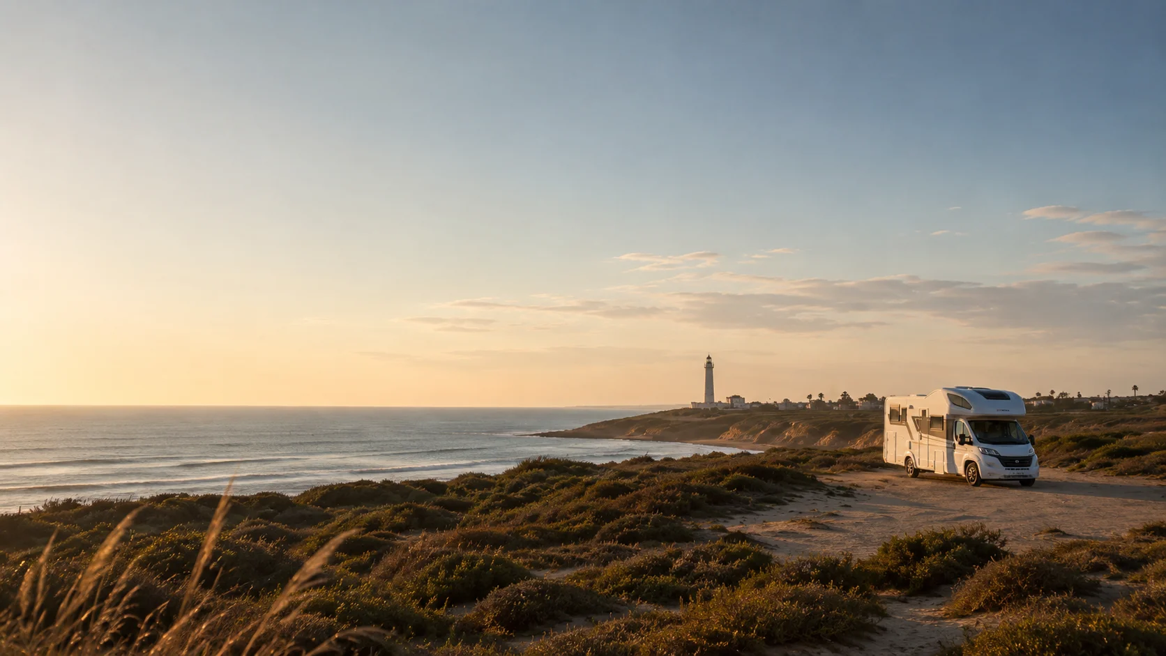 Autocaravana estacionada junto a la costa atlántica al atardecer