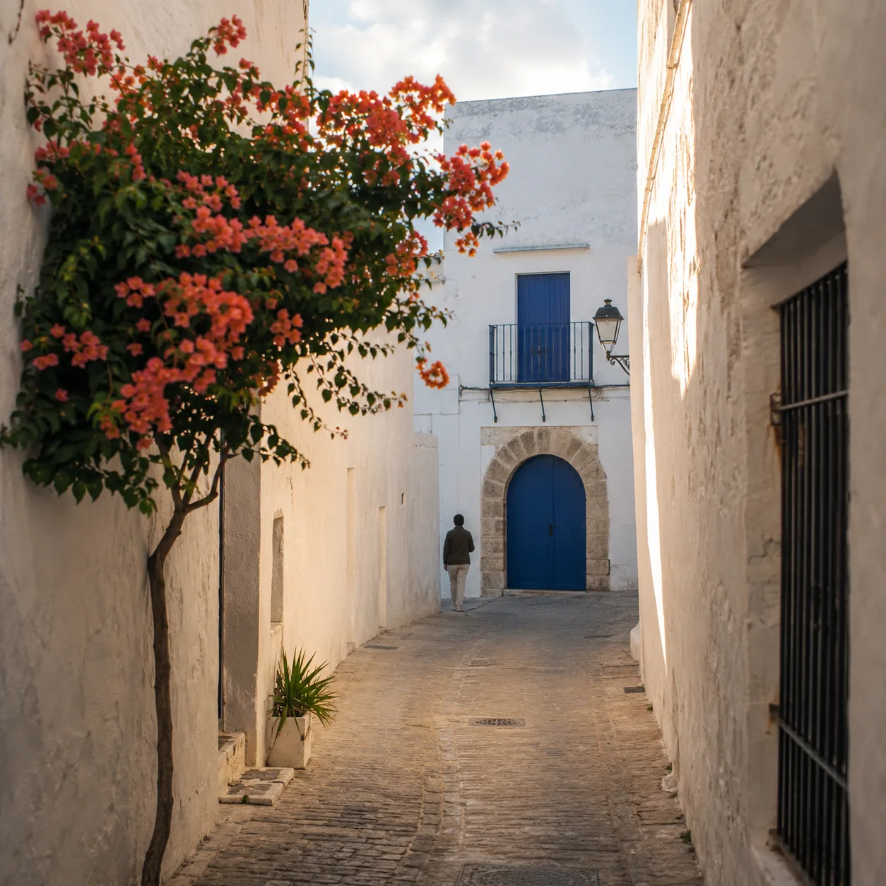 Calle encalada de Vejer de la Frontera con una buganvilla